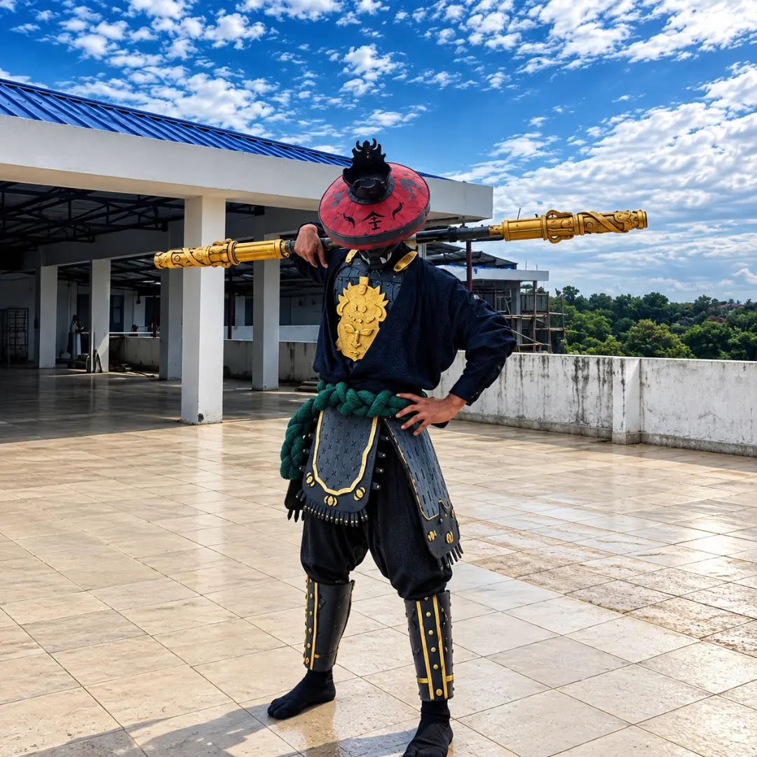 Leeyo in a samurai-inspired cosplay: dark blue and black armour with gold detailing, a wide red straw hat and a gold staff.
